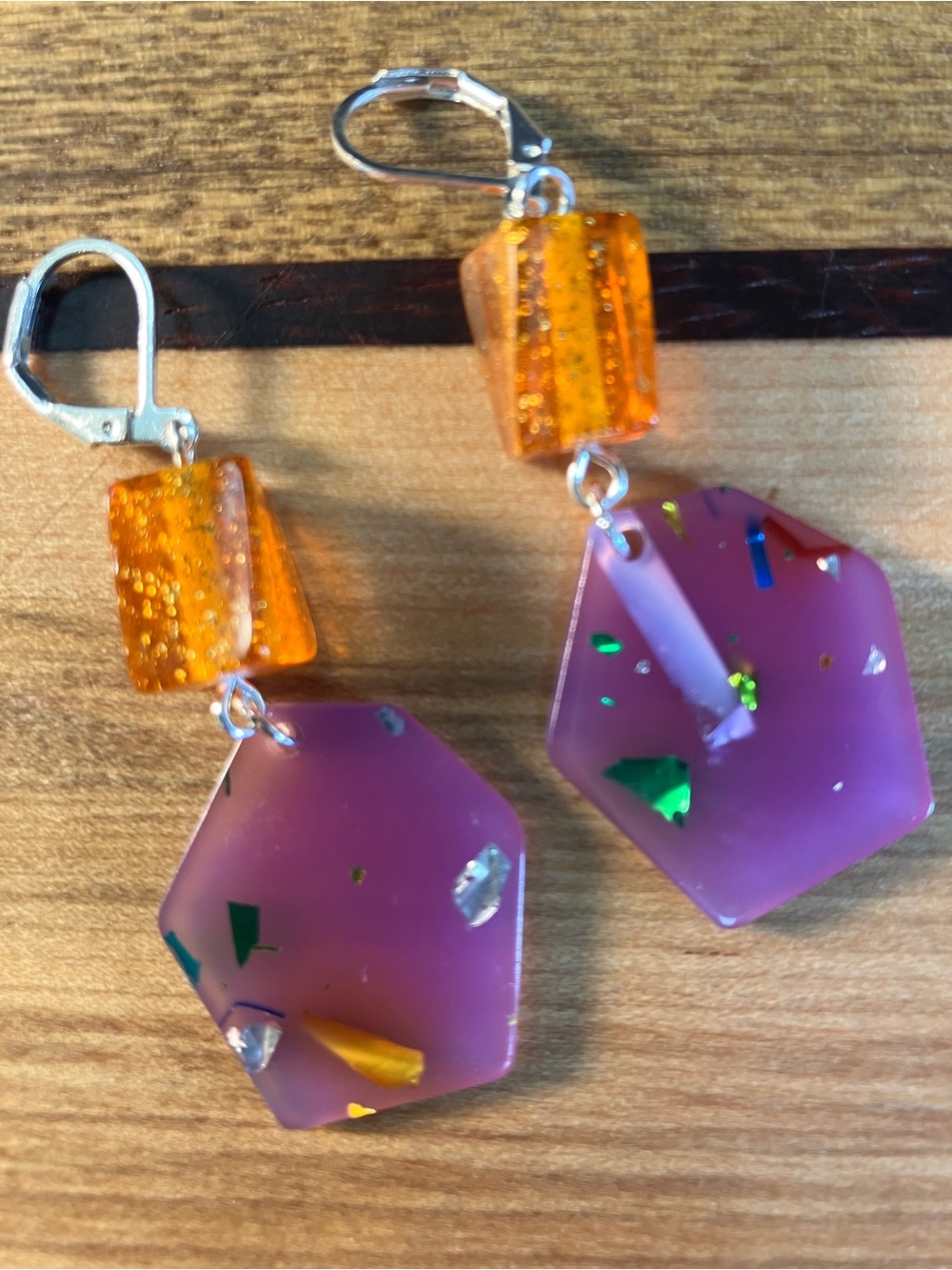 Purple and Amber Resin Drop Earrings - Contemporary Women’s Jewelry